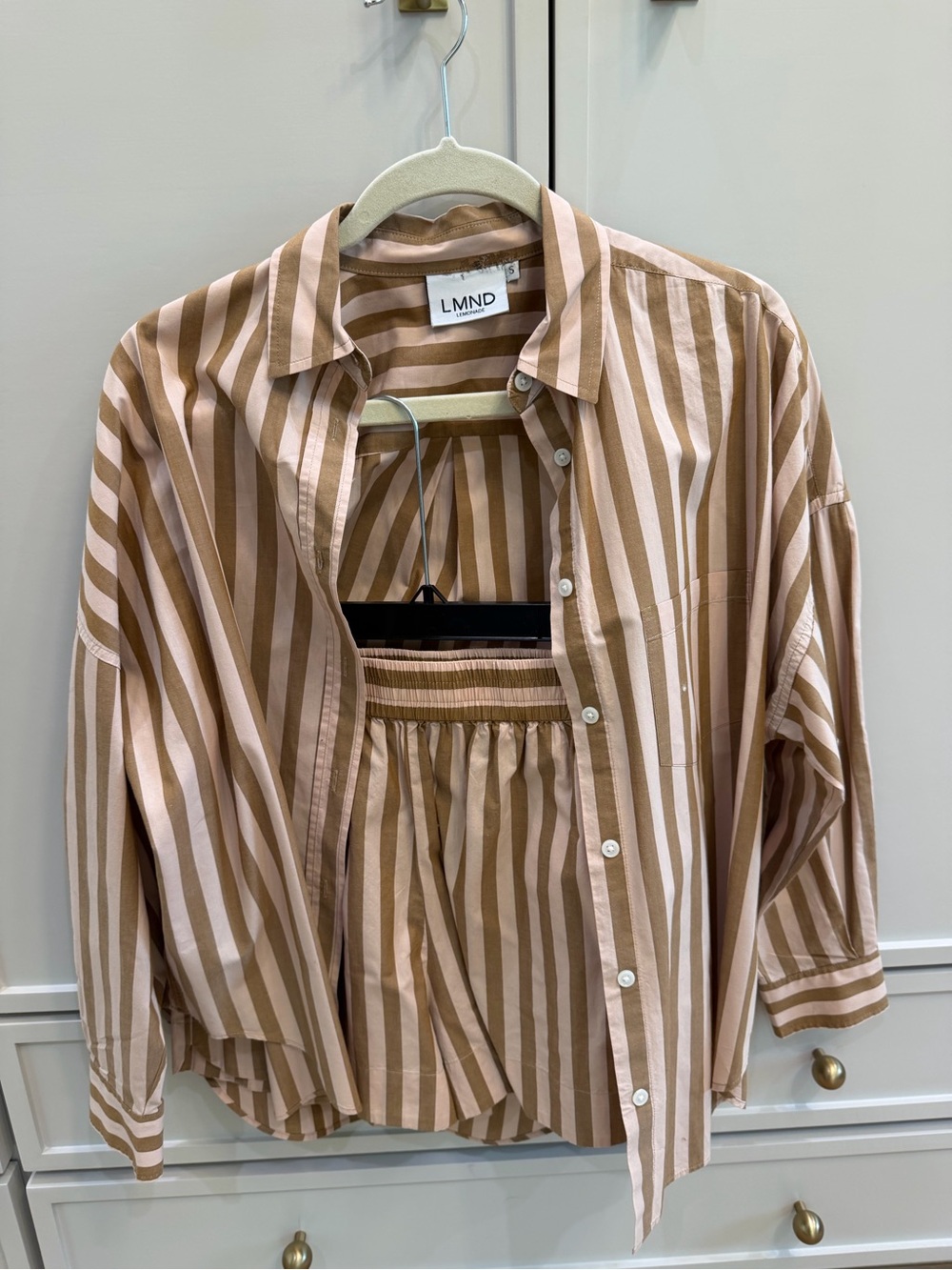 Beige and White Striped Button-Up Shirt